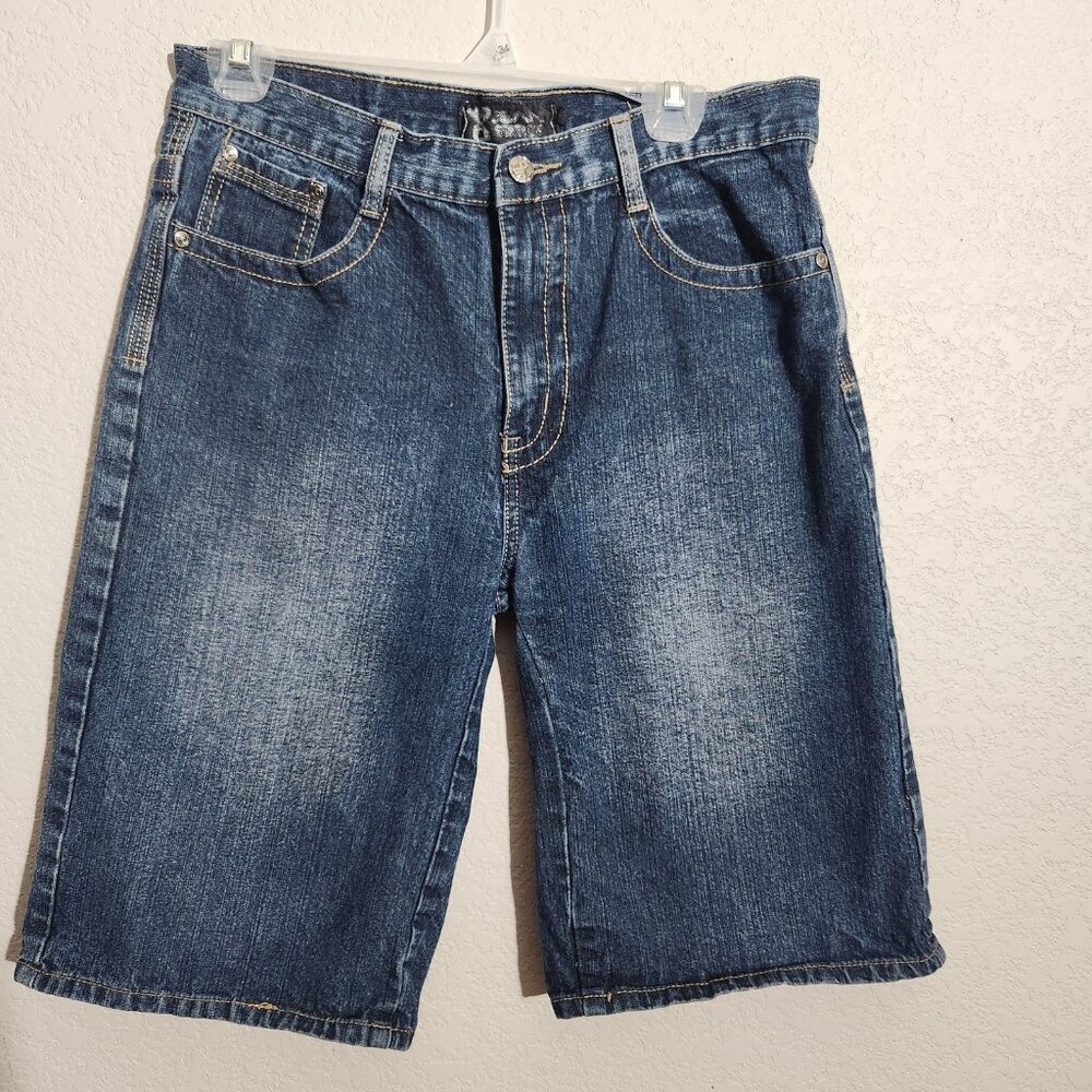 Jean Station Denim Shorts Boys 18 Blue Embroidered Pockets Baggy Long Y2K Style